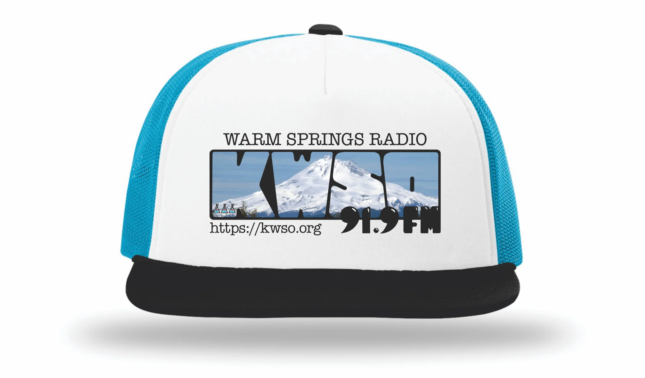 White, neon blue and black trucker cap with the KWSO Warm Springs Radio 91.9 FM logo