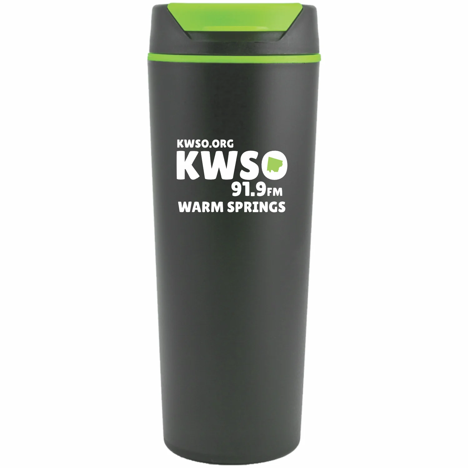 Black insulated tumbler with a lime green lid and the KWSO 91.9 FM Warm Springs logo